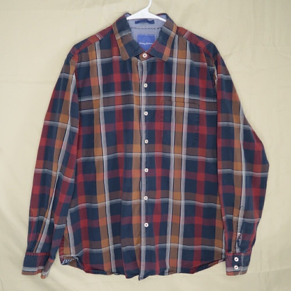 Tommy Bahama Shirt Button Up Red Blue Plaid Long Sleeve Casual Cotton Men's XL